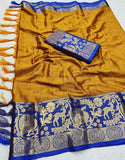 Woven Kanjivaram Cotton Silk, Jacquard Saree YELLOW BLUE