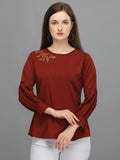 Casual Bishop Sleeve Embroidered Women Grey Top Maroon