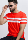 Men Round Neck Blue T-Shirt Cherry Red