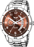 BROWN DIAL AND SILVER STRAP DAY & DATE FUNCTIONING WATCH FOR BOYS Analog Watch  - For Men